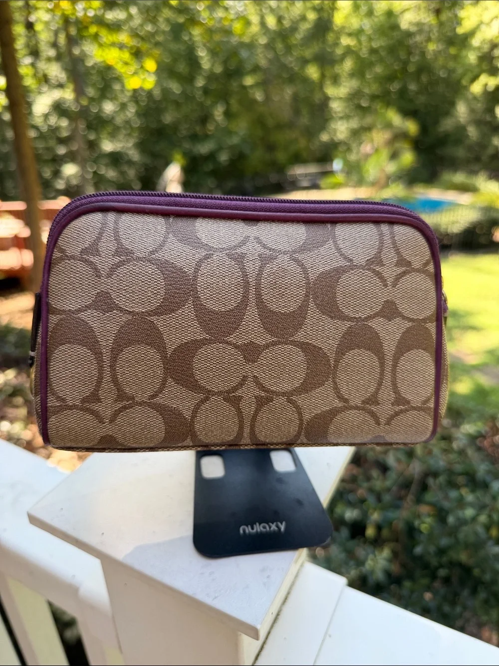Vintage Coach Signature Canvas Cosmetic Pouch in Tan & Purple Tattersall lining